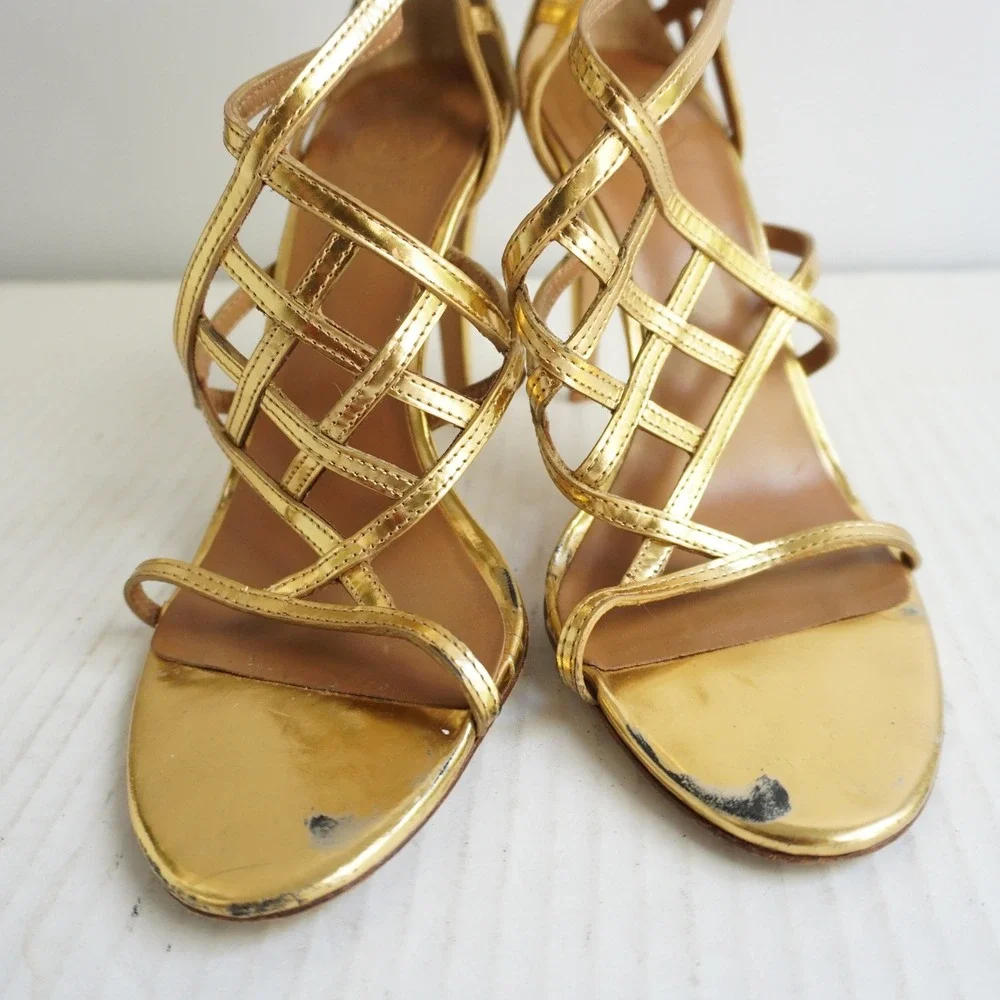 Tory Burch Amalie Metallic Cage Sandal Gold Strappy Sandals Party Shoes Prom 8.5